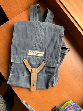 Life Is Good Grayish-Blue Denim Canvas Backpack with Tan Leather Accent